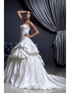 Satin Sweetheart Chapel Train A-Line Wedding Dress with Embroidered Ruffle