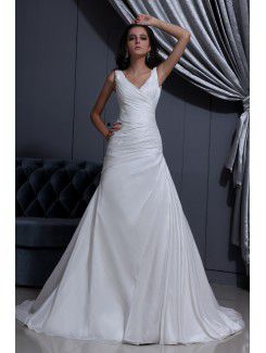 Taffeta V-Neck Sweep Train A-Line Wedding Dress with Ruffle