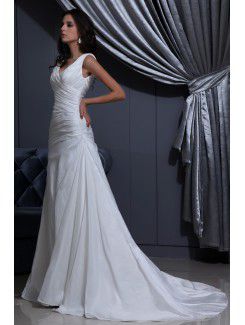 Taffeta V-Neck Sweep Train A-Line Wedding Dress with Ruffle