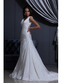 Taffeta V-Neck Sweep Train A-Line Wedding Dress with Ruffle