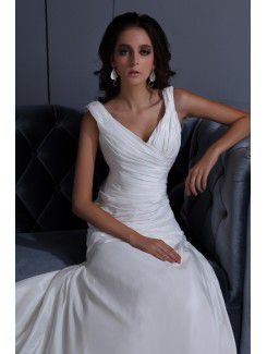 Taffeta V-Neck Sweep Train A-Line Wedding Dress with Ruffle