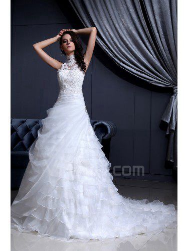 Lace High Collar Chapel Train A-Line Wedding Dress with Sequins and Rhinestones