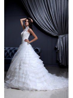 Lace High Collar Chapel Train A-Line Wedding Dress with Sequins and Rhinestones