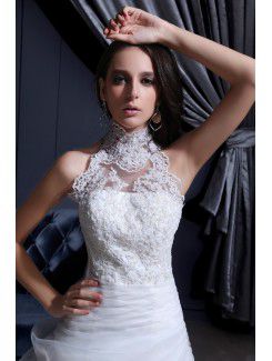 Lace High Collar Chapel Train A-Line Wedding Dress with Sequins and Rhinestones