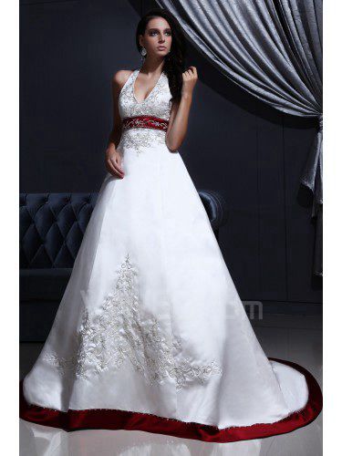 Satin Halter Chapel Train A-Line Wedding Dress