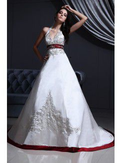 Satin Halter Chapel Train A-Line Wedding Dress