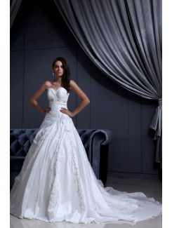 Satin Sweetheart Chapel Train A-Line Wedding Dress with Embroidered Beading Ruffle