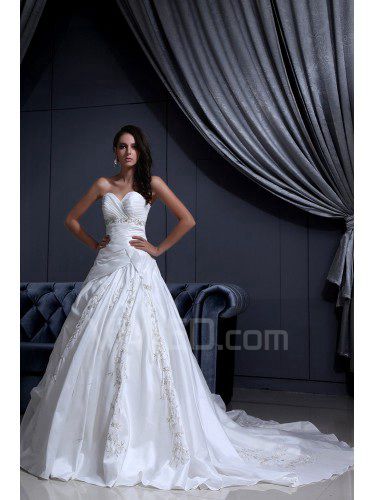 Satin Sweetheart Chapel Train A-Line Wedding Dress with Embroidered Beading Ruffle