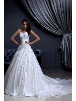 Satin Sweetheart Chapel Train A-Line Wedding Dress with Embroidered Beading Ruffle