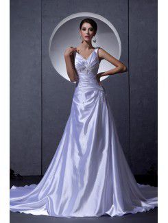 Satin V-Neck Chapel Train A-Line Wedding Dress with Beading