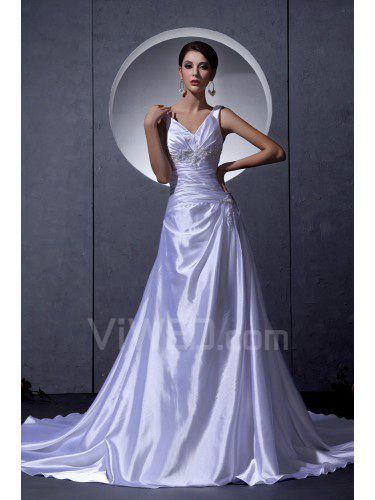 Satin V-Neck Chapel Train A-Line Wedding Dress with Beading