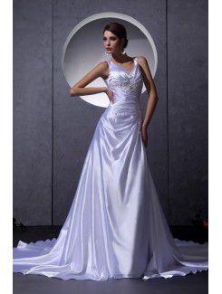 Satin V-Neck Chapel Train A-Line Wedding Dress with Beading