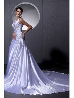 Satin V-Neck Chapel Train A-Line Wedding Dress with Beading