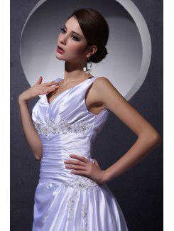 Satin V-Neck Chapel Train A-Line Wedding Dress with Beading