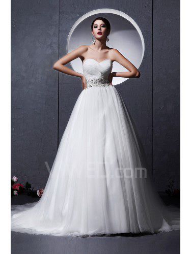 Tulle Sweetheart Chapel Train A-Line Wedding Dress with Embroidered and Rhinestones