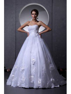 Organza Strapless Chapel Train Ball Gown Wedding Dress with Flowers and Embroidered