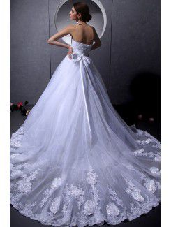 Organza Strapless Chapel Train Ball Gown Wedding Dress with Flowers and Embroidered