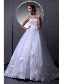 Organza Strapless Chapel Train Ball Gown Wedding Dress with Flowers and Embroidered