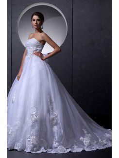 Organza Strapless Chapel Train Ball Gown Wedding Dress with Flowers and Embroidered