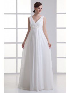 Chiffon V-Neckline Empire line Floor Length Bead Wedding Dress