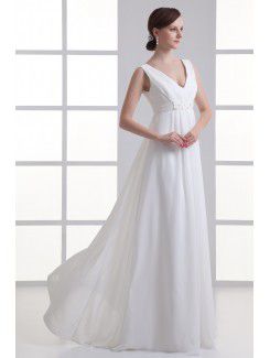 Chiffon V-Neckline Empire line Floor Length Bead Wedding Dress