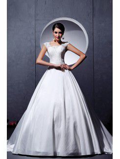 Satin and Lace Square Chapel Train Ball Gown Wedding Dress with Embroidered