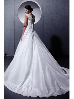 Satin and Lace Square Chapel Train Ball Gown Wedding Dress with Embroidered