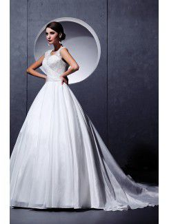Satin and Lace Square Chapel Train Ball Gown Wedding Dress with Embroidered