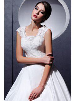 Satin and Lace Square Chapel Train Ball Gown Wedding Dress with Embroidered