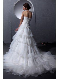 Tulle Satin One-Shoulder Chapel Train A-Line Wedding Dress with Ruffle Flowers