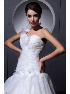 Tulle Satin One-Shoulder Chapel Train A-Line Wedding Dress with Ruffle Flowers