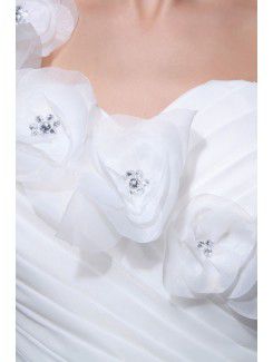 Tulle Satin One-Shoulder Chapel Train A-Line Wedding Dress with Ruffle Flowers