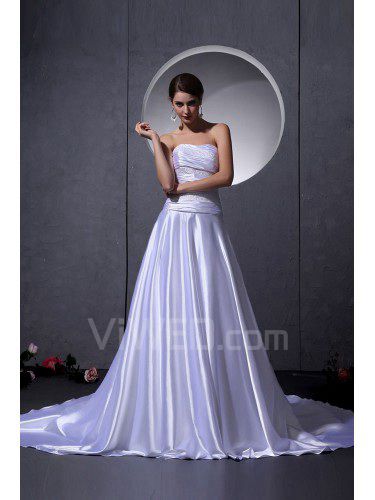 Satin Strapless Chapel Train A-Line Wedding Dress with Beading Ruffle