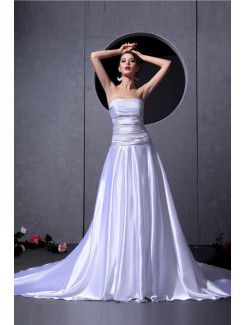 Satin Strapless Chapel Train A-Line Wedding Dress with Beading Ruffle