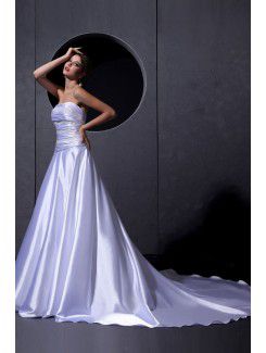 Satin Strapless Chapel Train A-Line Wedding Dress with Beading Ruffle