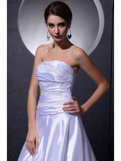 Satin Strapless Chapel Train A-Line Wedding Dress with Beading Ruffle