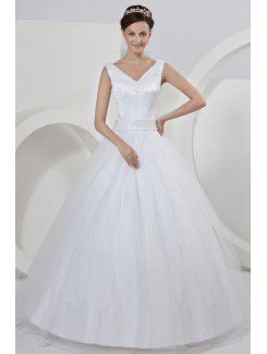 Атласная v-образным вырезом длиной до пола, бальное платье свадебное платье с бантом жемчуга