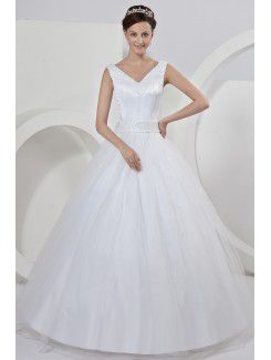 Satin V-Neckline Floor Length Ball Gown Wedding Dress with Bow Pearl