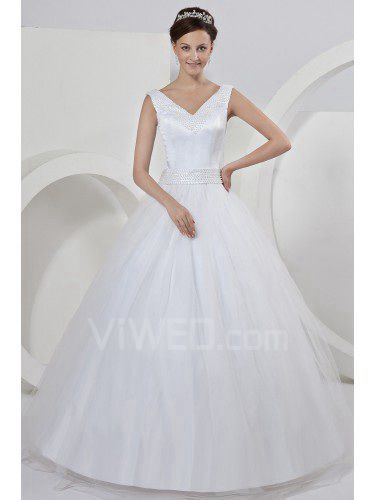 Satin V-Neckline Floor Length Ball Gown Wedding Dress with Bow Pearl