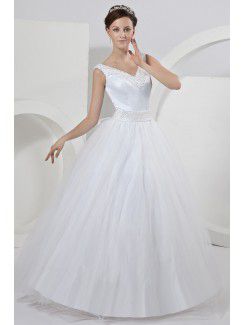 Satin V-Neckline Floor Length Ball Gown Wedding Dress with Bow Pearl