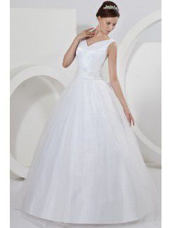 Satin V-Neckline Floor Length Ball Gown Wedding Dress with Bow Pearl