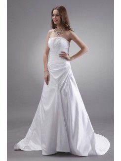 Satin Strapless Sweep Train A-Line Wedding Dress with Beading