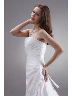 Satin Strapless Sweep Train A-Line Wedding Dress with Beading