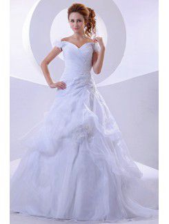 Organza hors de l'épaule-train de balayage robe de mariée a-ligne