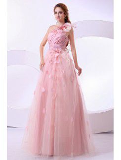 Taffeta One-Shoulder Floor Length A-Line Wedding Dress with Flower Flowers