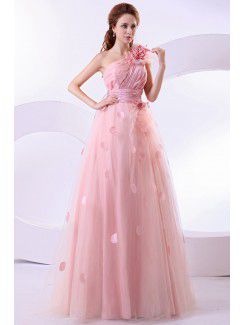 Taffeta One-Shoulder Floor Length A-Line Wedding Dress with Flower Flowers