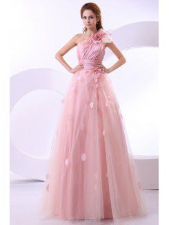 Taffeta One-Shoulder Floor Length A-Line Wedding Dress with Flower Flowers