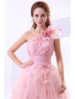 Taffeta One-Shoulder Floor Length A-Line Wedding Dress with Flower Flowers