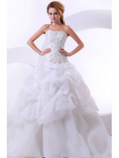 Satin Organza Strapless Chapel Train A-Line Wedding Dress with Ruffle Embroidered