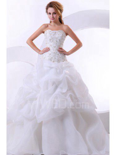 Satin Organza Strapless Chapel Train A-Line Wedding Dress with Ruffle Embroidered